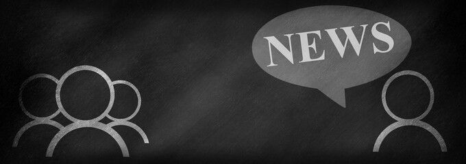 The word news in a speech bubble and a person talking to a group of people drawn on a blackboard with copy space