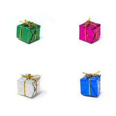Set of colorful gift boxes with golden ribbon isolated on white. Full size.