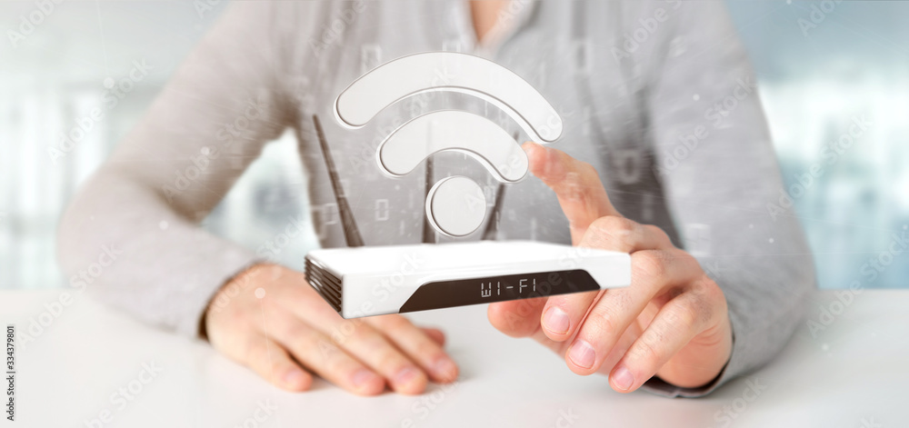 Poster businessman holding a wifi router and data - 3d rendering