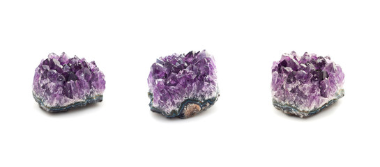 Collection of amethysts on a white background. Full size.