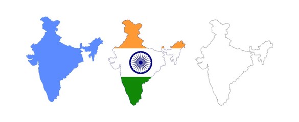 India Flag Set - Solid Silhouette, Outline and With India Flag on Map Shape Vector Illustration