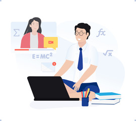 Fototapeta premium Student and teacher doing teaching and learning activities via online classroom with video conference