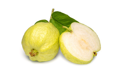 Guava fruit with leaf isolated on white background,Guava fruit isolated on the white With clipping path.