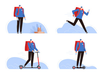 A set of a food delivery man in a mask and gloves in different situations. A courier with a thermal box contactlessly transfers the order, runs and rides on a scooter. Quarantine Food Delivery Scenes