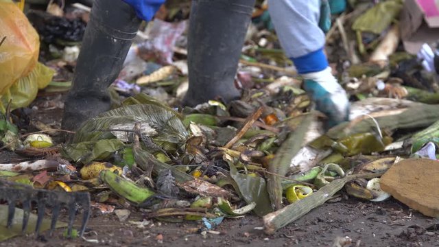 close-up. shovel rowing garbage. organics and plastic. waste treatment. gloved hands. waste fruits and vegetables. cleaning. sorting. waste recycling.
separate plastic from organics. cellophane
