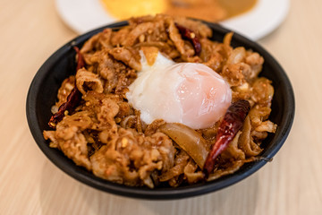 Japanese food menu Gyodon Onsen Egg or rice with beef and creamy egg.