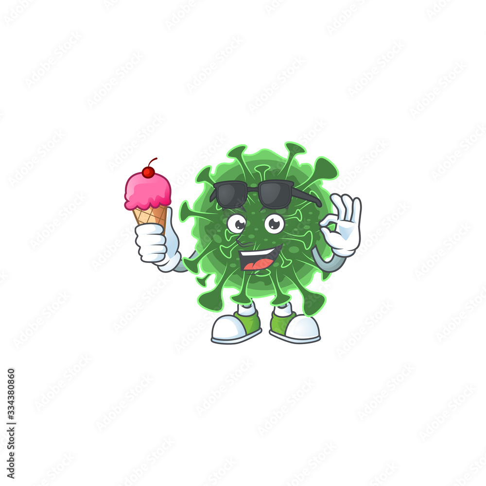 Sticker cartoon character of wuhan coronavirus enjoying an ice cream