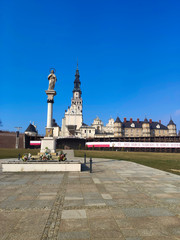 The national sanctuary of Poland, the monastery of Our Lady of Czestochowa at Jasna Gora with an empty square during the Koronavirus epidemic