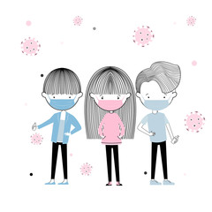 Cute little Male and female students wearing masks to protect against germs covid 19, vector design