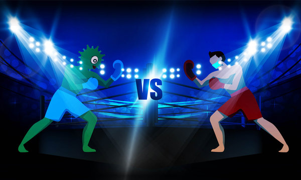 Boxer man vs corona man at Boxing ring arena and spotlight floodlights vector design. Deadly type of virus 2019-nCoV Human vs virus