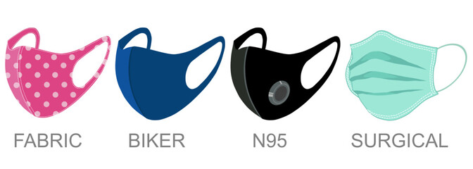 A set of various protective masks isolated on white background. Concept about health, hygiene, hospitality, medical, disease, viruses and etc.