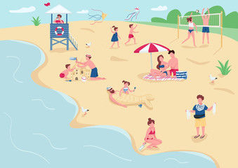 Recreation on sand beach flat color vector illustration. People sunbathing, relaxing on blankets. Children playing, building sandcastle 2D cartoon characters with seascape on background