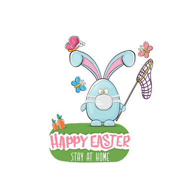 Happy easter stay at home greeting card with funny cartoon blue rabbit with medical face mask holding butterfly net. Easter egg hunt hand drawn concept illustration banner.