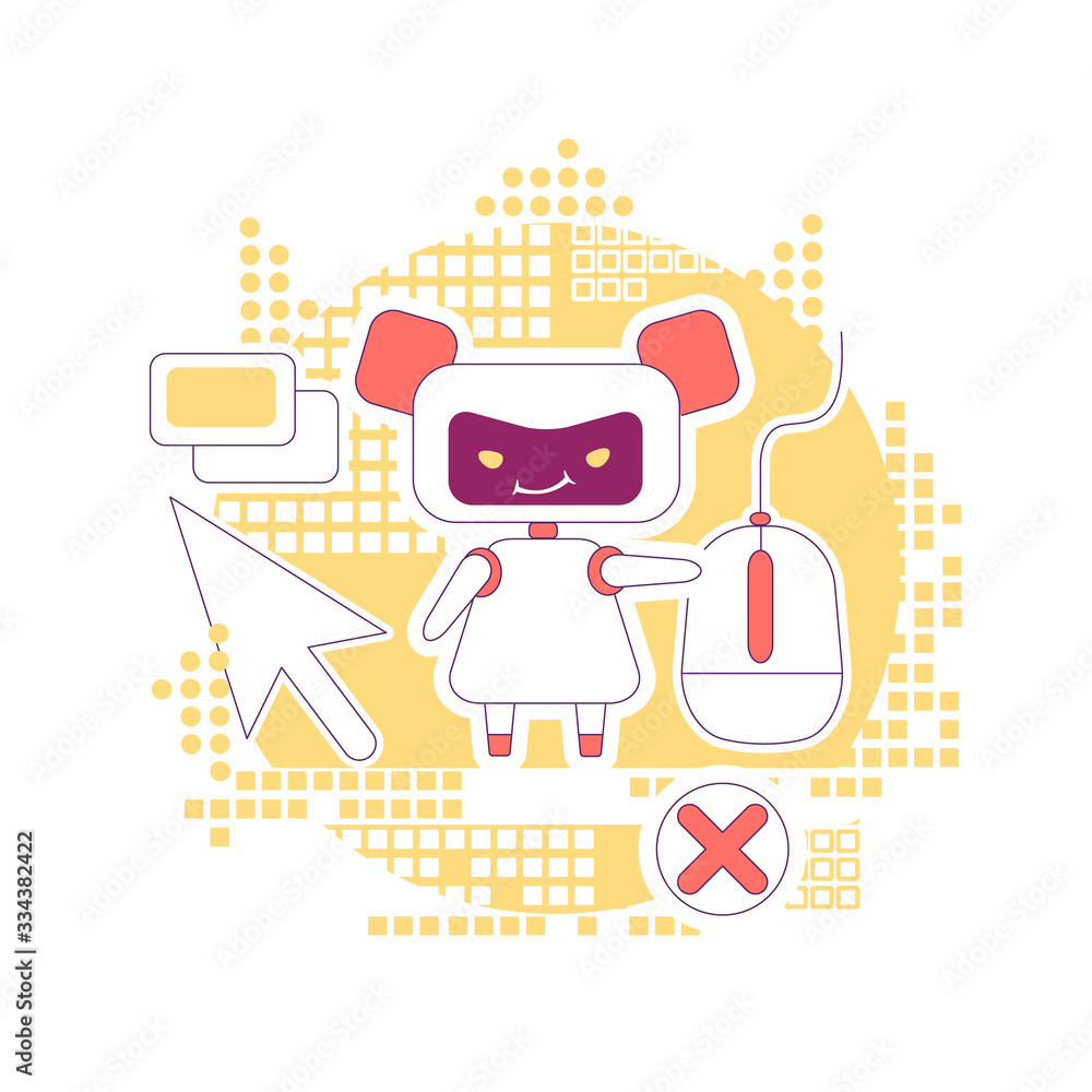 Poster click bot thin line concept vector illustration. internet marketing fraud. bad robot 2d cartoon char