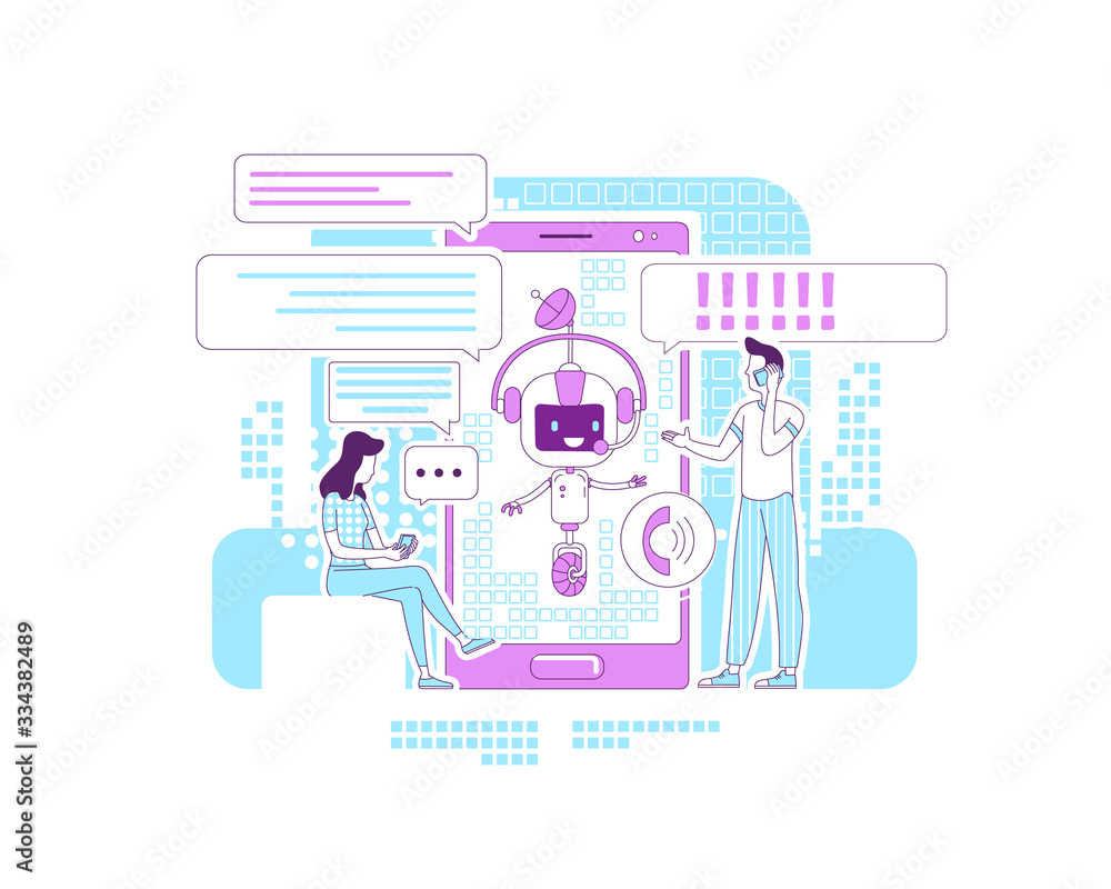 Poster chatbot app thin line concept vector illustration. online communication application. people talking 