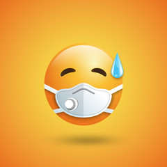 Emoji with mouth mask respirator, red face with closed eyes