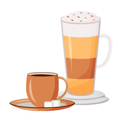 Coffee cartoon vector illustration. Layered caffeine drink. Caramel macchiato with whipped cream. Black tea. Cups with hot drinks flat color object. Cappuccino isolated on white background
