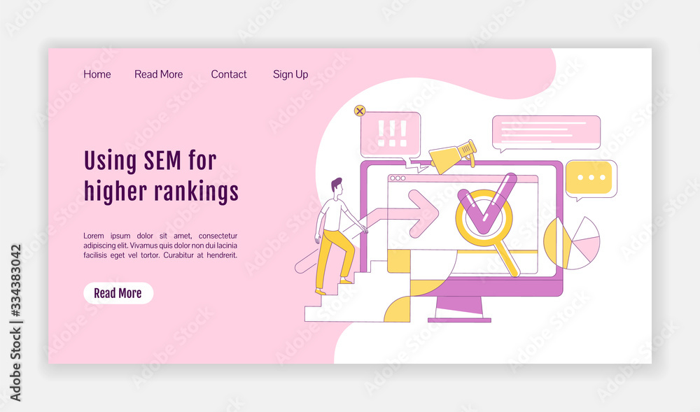 Poster sem landing page flat silhouette vector template. internet advertising homepage layout. search optim