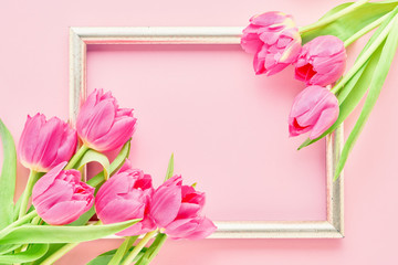 Golden frame with pink tulips on pink background. Mockup. Top view, copy space. Holiday concept.