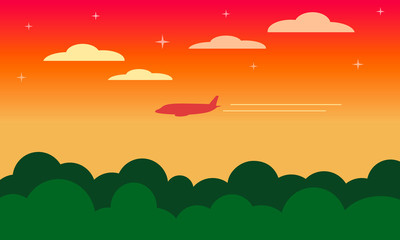Orange and beige landscape of the dawn / sunset sky with clouds and stars, forest of green trees and the silhouette of a flying plane with a two lane contrail. Card. Vector graphics, illustration
