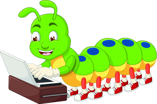 Cute Green Caterpillar Wear Red Shoes Using Grey Laptop Cartoon