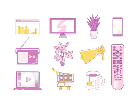 Purple and yellow linear objects set. Brand advertising, marketing thin line symbols pack. Electronic devices, houseplants, tea cup, cart and webpage isolated outline illustrations on white background