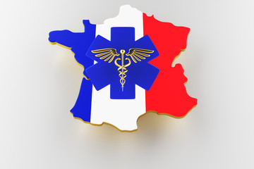 Obraz premium Caduceus sign with snakes on a medical star. Map of France land border with flag. France map on white background. 3d rendering