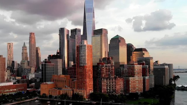 Birds eye view from helicopter of Manhattan island and modern urban setting in megalopolis - New York, metropolitan landscape of condominium buildings and bank offices