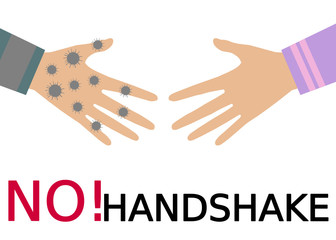 Obraz premium A warning sign said NO HANDSHAKE with two hand getting closer. It’s followed the COVID19 concept. We should no longer to greeting people by handshake. Stop spreading germs by handshake.