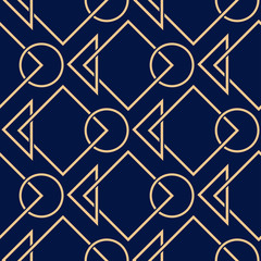 Geometric seamless pattern. Golden design on dark blue backdrop
