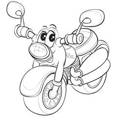 motorcycle character with big eyes, cute, cartoon, outline drawing, isolated object on white background, vector illustration,
