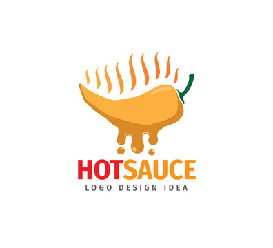 Yellow Hot Chilli Pepper With Sauce Drop And Smoke Flame Vector Logo Design