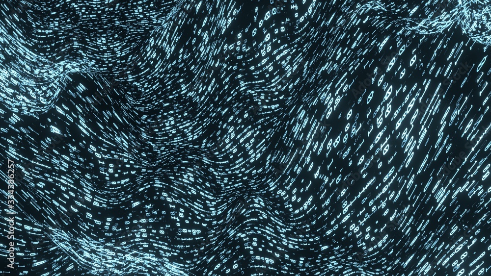 Poster 3D Rendering of binary data on wavy texture surface. Stream of digital information. Concept of big data, deep machine learning, artificial intelligence, quantum processing, virtual reality, 