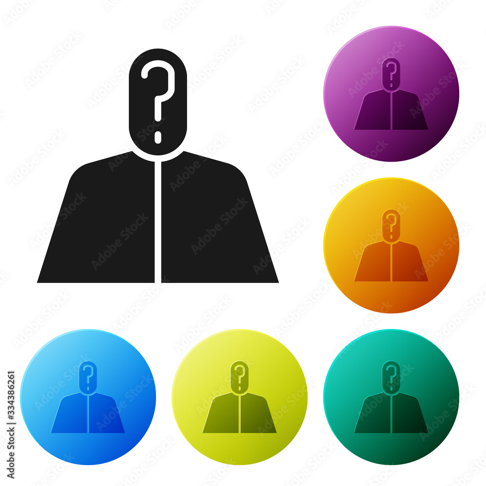 Poster black anonymous man with question mark icon isolated on white background. unknown user, incognito pr
