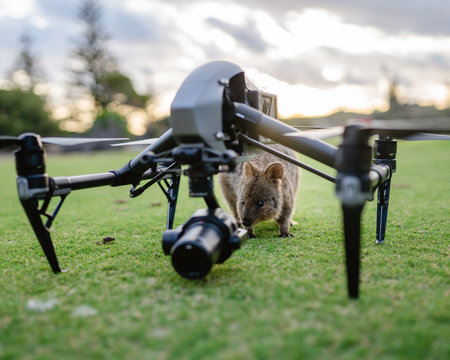 Inquisitive Quokka climbing on a drone at Rottnest Island, Perth, Western Australia. 