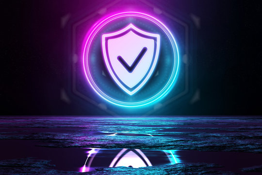 Digital cyber security holographic icon illuminating the floor with blue and pink neon light 3D rendering