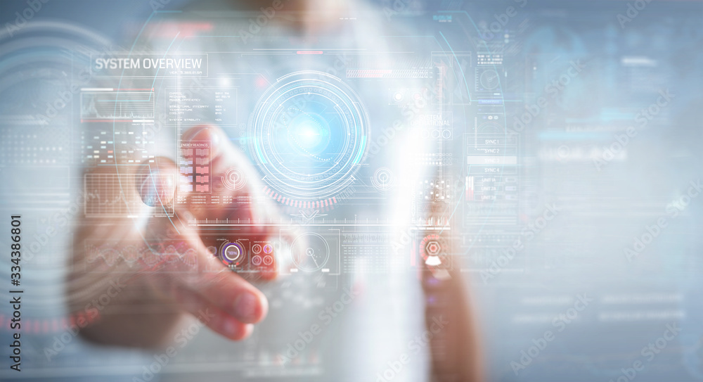 Fototapete businessman using digital technological interface with datas 3d rendering