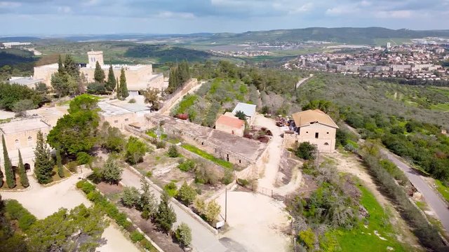 Counterclockwise panoramic the monastery Beit Jamal and valley from the sky