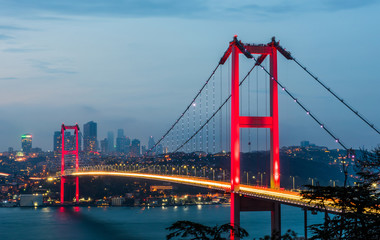 15th July Martyrs Bridge (15 Temmuz Sehitler Koprusu). Istanbul Bosphorus Bridge at night. Istanbul, Turkey..