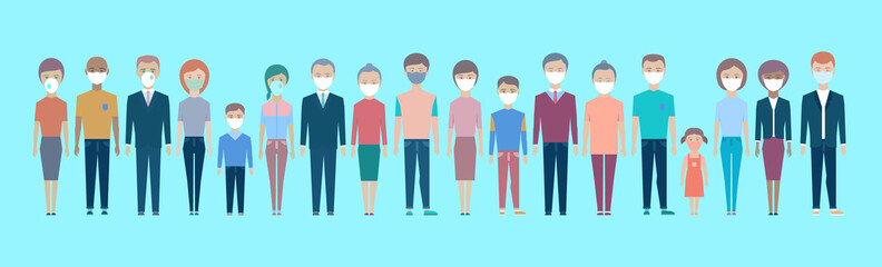 Coronavirus in China. Novel coronavirus (2019-nCoV), woman, man, family, old people, kids, young, boy, girl in white medical face mask. Concept of coronavirus quarantine.