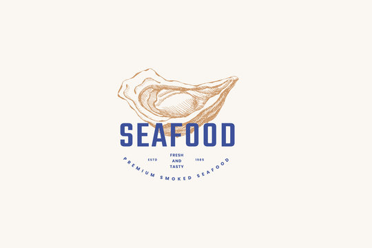 Hand-drawn oyster shell vector illustration. Logo template for a menu of a fish restaurant, market or seafood store. Emblem of delicacy in the engraving style on a light background.