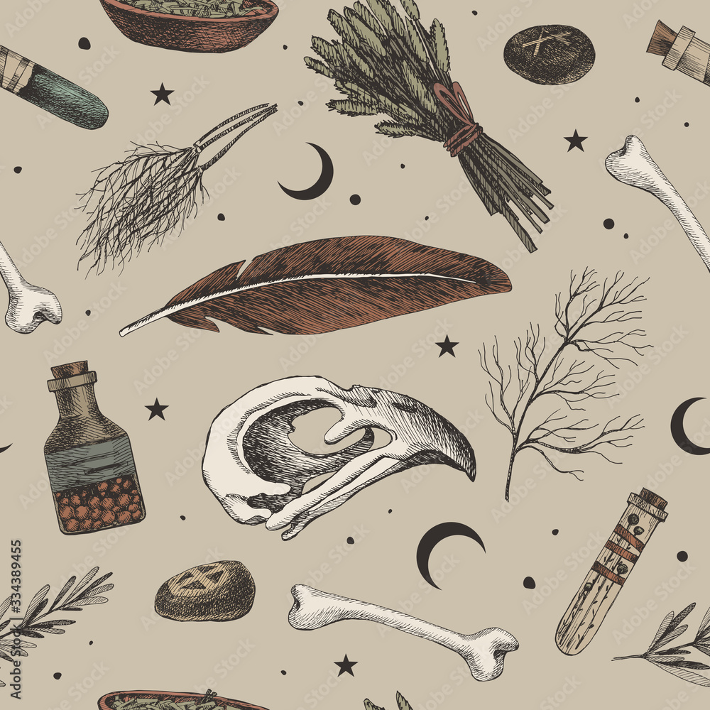 Poster Seamless pattern with magic background for witches and wizards. Mystical objects for witchcraft vector illustration. Skull of a bird, banks with a potion, dry herbs, stones with runes, feather.
