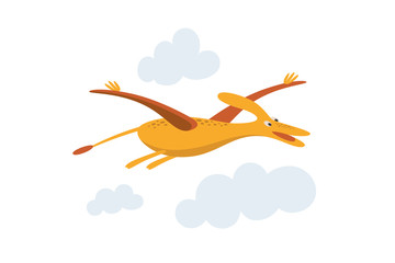 Funny pteranodon flies among the clouds. Cute dinosaur isolated on a white background. Funny prehistoric animal of the Jurassic period. Colorful cartoon vector illustration in flat style. © KOSIM