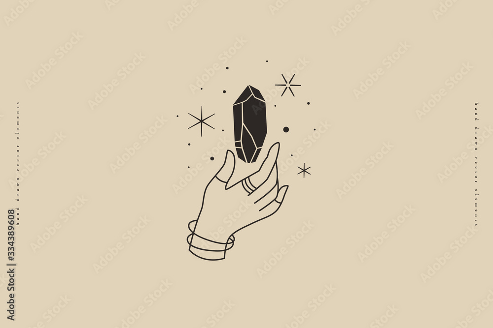 Poster Magic quartz stone sparkles and soars above the hand. Magic crystal in a trendy linear style on a light background. Mystical retro symbols for spiritual practices, ethnic rites. Tattoo sketch.