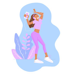 A girl is dancing at home alone in the headphones.  Entertainment and activities of people quarantined in isolation. Swarthy woman smiles. Stock vector illustration isolated on transparent background.