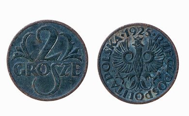 Old Polish 2 Grosz coin 1925, close up isolate on a white background. 