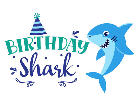 Birthday Shark boy vector illustration. Cute baby shark happy birthday greeting card. Kids fashion graphic, shirt design. 