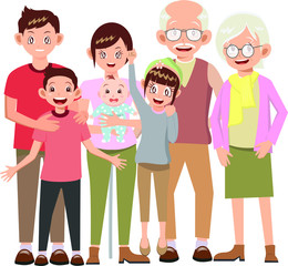 Family pose, father , mother, son, daughter, baby , grandfather and grandmother vector illustration