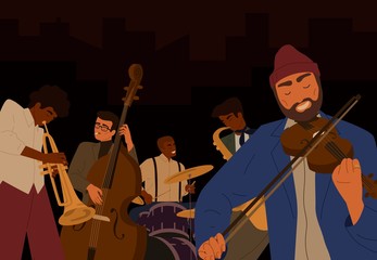 Team of hipster male jazz band playing at musical instrument isolated on black background. People play on saxophone, violin, drum and double bass at music festival. Performance of orchestra © Good Studio