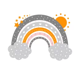  Cute baby cartoon rainbow with clouds, stars and sun. Vector illustration. Design for girl or kids, sweet dream concept. Trendy t shirt design with cute cartoon rainbow. © Jen